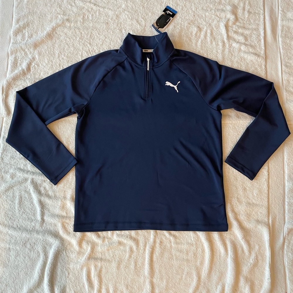 Mens Puma Pullover Active Long Sleeve 1/4 Quarter Zip Runner, Navy Blue Large